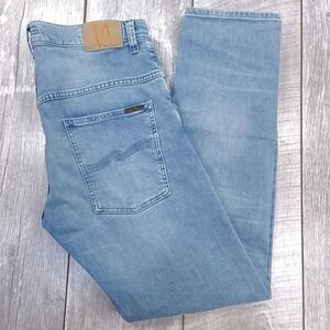 Nudie Jeans Mens Thin Finn Size 34x32 Mid Rise Light Broken Indigo Denim Pants